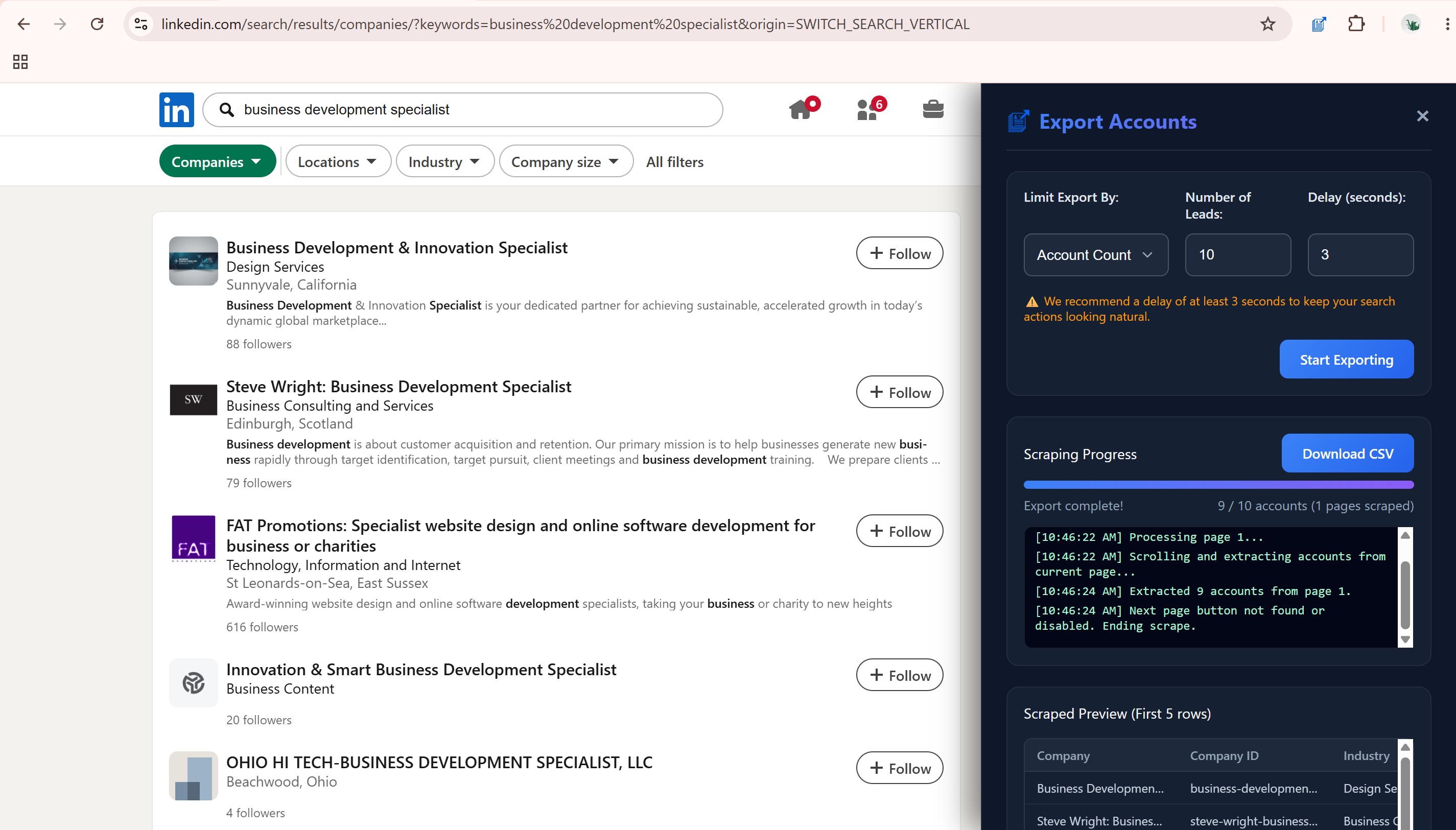 LinkedIn Accounts or Companies Export