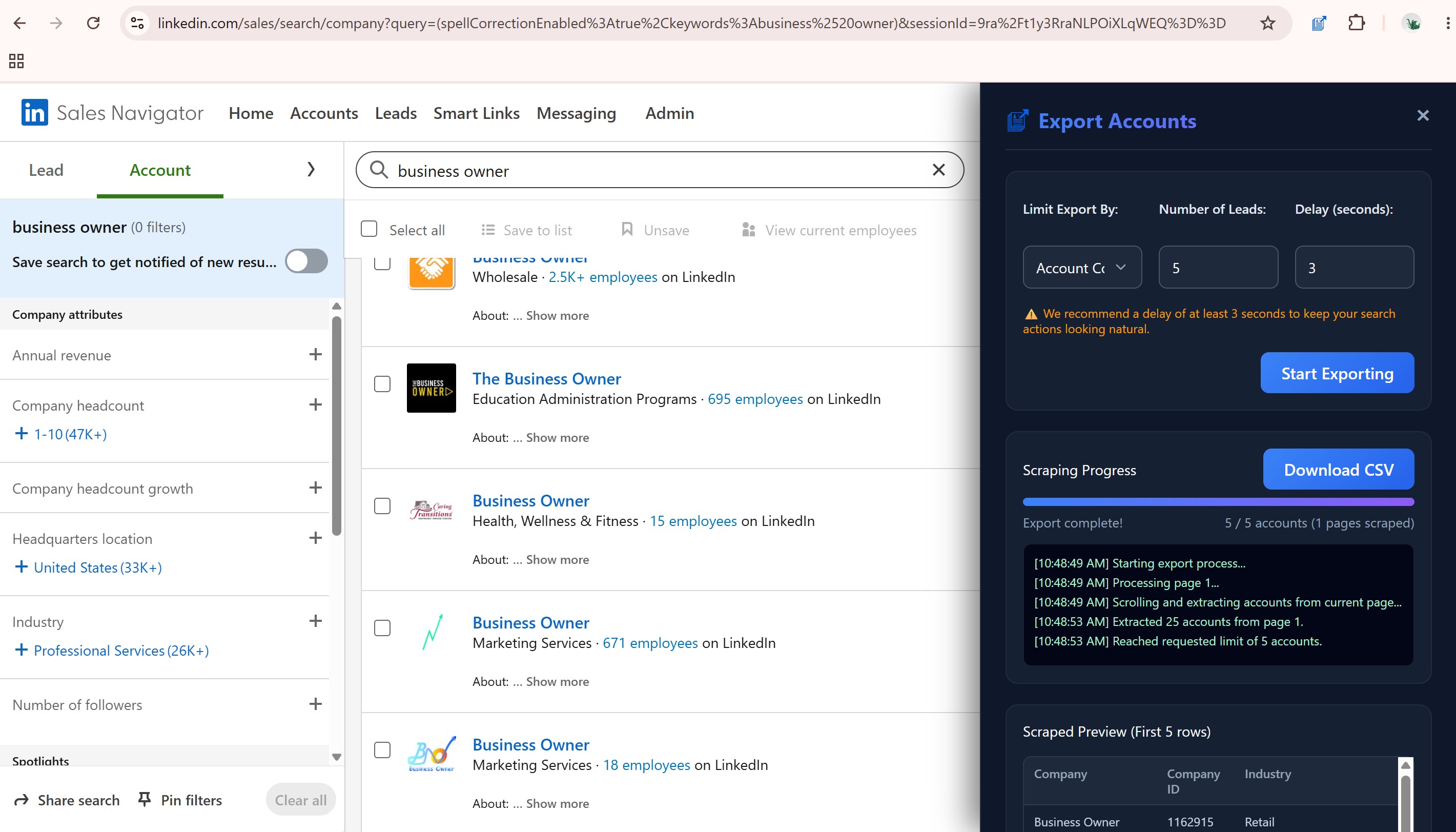 Sales Navigator Account or Company Search Export